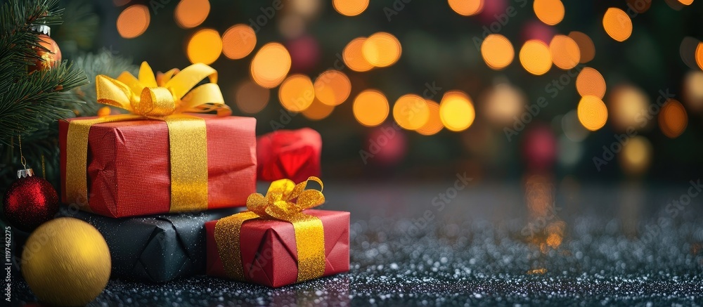 Poster festive bokeh background featuring colorful holiday gifts in red and gold with empty copyspace for t
