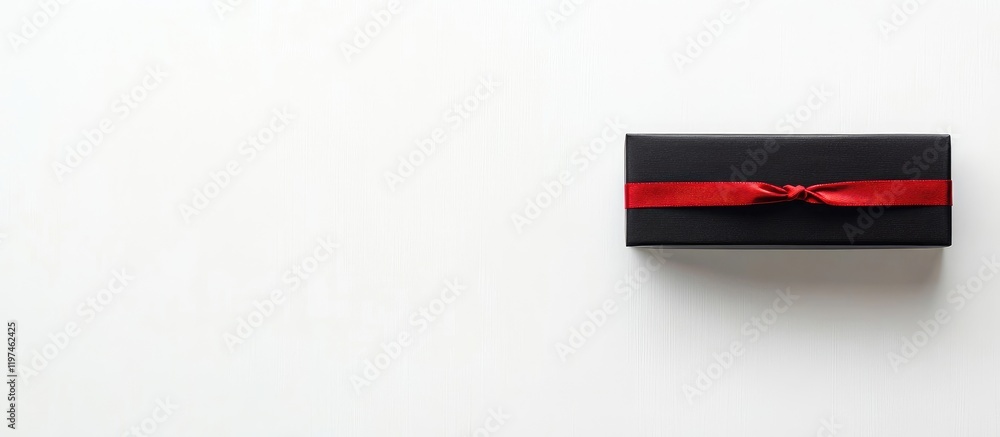 Poster elegant black gift box adorned with a vibrant red ribbon positioned on a clean white background offe