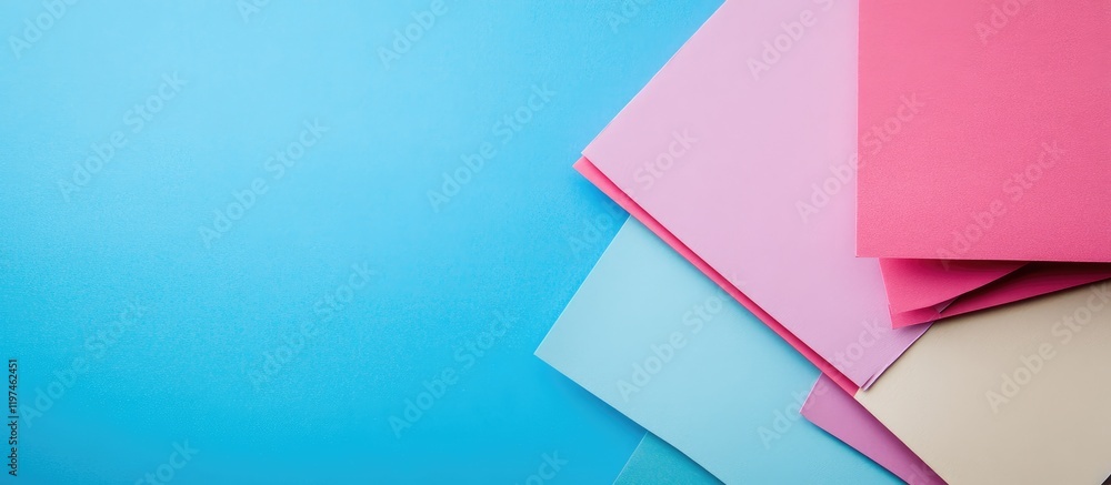 Poster colorful paper sheets on vibrant blue background for creative brainstorming concepts with empty spac