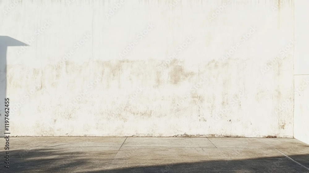 Poster white textured wall surface with shadowed area and concrete floor providing ample copy space for ove