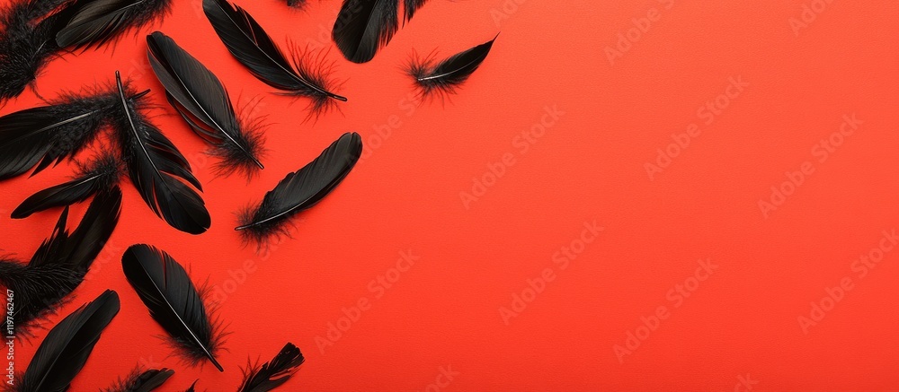 Poster black feathers artfully scattered on vibrant red background with ample negative space for textual ov