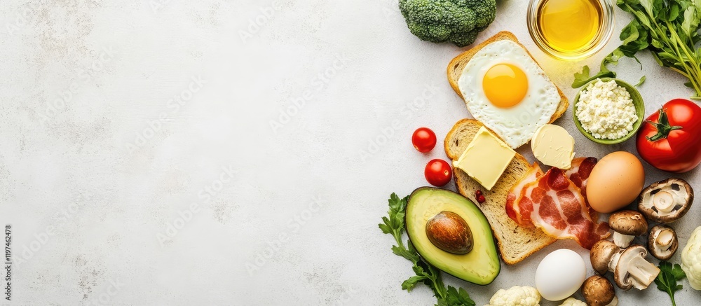 Aufkleber top view of colorful breakfast spread with toast avocado butter eggs mushrooms turkey bacon fresh ve