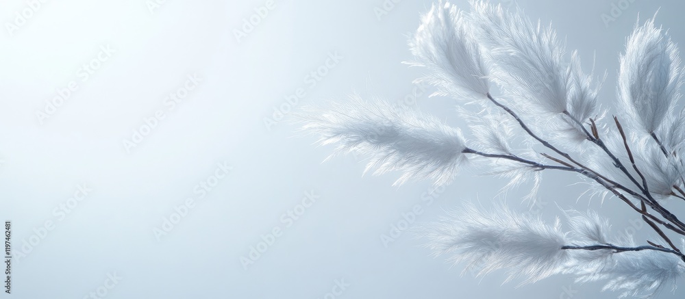 Poster elegant white feathered branches against a soft cool light background with ample space for text in s