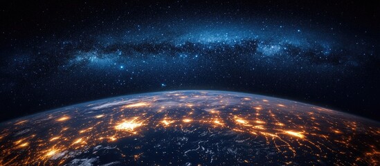 Obraz premium Stunning Milky Way Above Urban Nightscape with Illuminated City Lights and Deep Blue Sky Layers, Ideal Copy Space for Text Inclusion