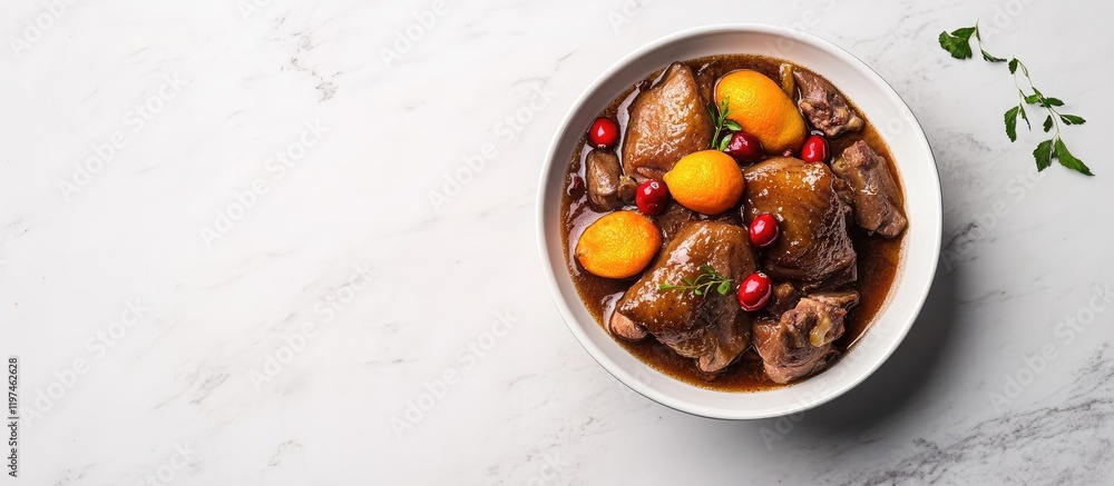 Poster braised goose with cranberries and oranges on white marble surface with empty copy space for text, r