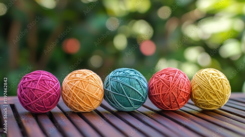 Poster colorful yarn balls in a row on wooden surface with blurred green background and soft bokeh effect c