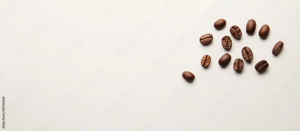 Poster close up of roasted coffee beans scattered on a clean white background with ample empty space for te