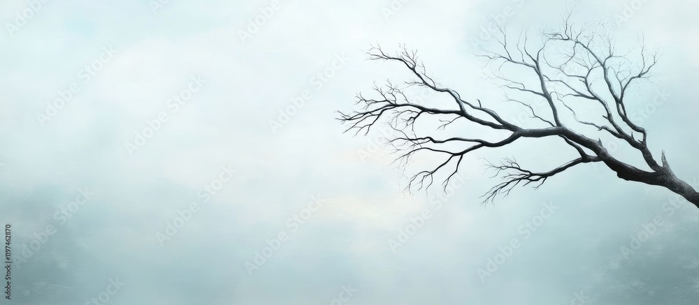 Poster bare branch tree with dew in soft gray atmosphere evoking melancholy mood with expansive copyspace f