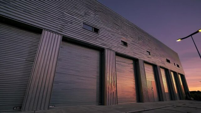 warehouse exterior with sleek gray metal cladding and large garage doors at sunset