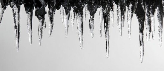 Black Icicles and Clear Prisms Hanging from Dark Roof Against a Minimalist Gray Background Perfect for Text Insertion