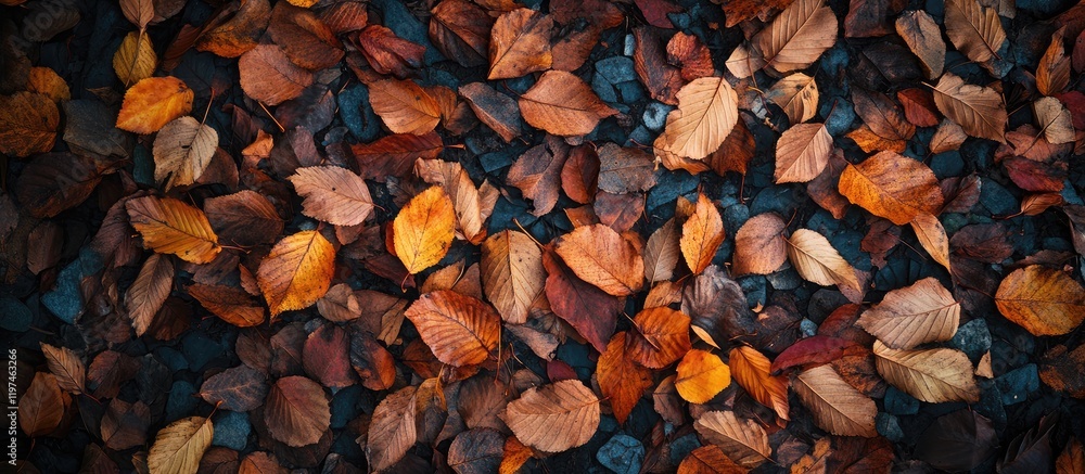 Poster autumn foliage with vibrant orange and brown leaves covering a dark ground creating a textured natur