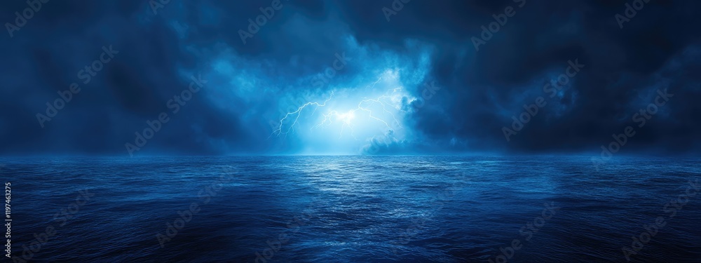 Poster moody ocean seascape with dark clouds and illuminated horizon during twilight with copy space for te