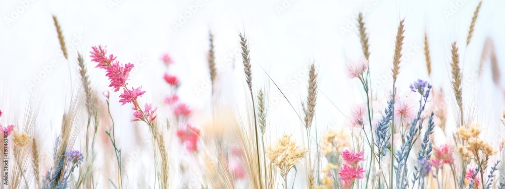 Poster field of wildflowers with soft pastel colors in a serene blurred background with copy space for text