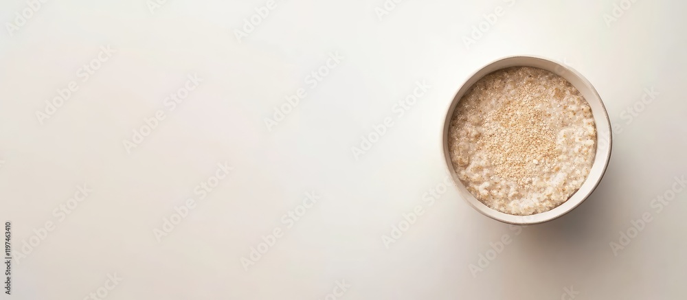 Poster oatmeal bowl on light background positioned right with empty space for text