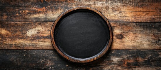 Rustic Black Chalkboard Plate on Brown Wooden Boards with Clear Space for Text and Natural Textures in a Warm Toned Setting