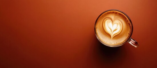 Heart-Shaped Latte Art in Cappuccino Cup on Rich Brown Tabletop with Warm Tones and Empty Space for Textual Overlay