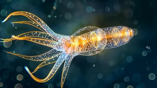 A vibrant, luminescent squid swimming in the ocean depths.