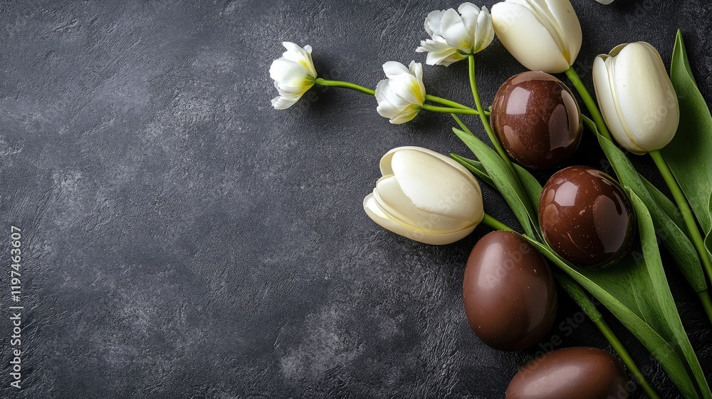 Poster chocolate easter eggs and white tulips arranged on a dark textured background with ample copy space 