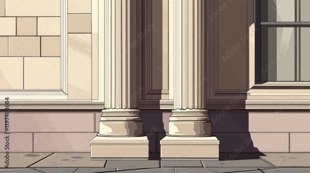 Poster classic architectural columns with ornate details against a textured stone wall and window with copy