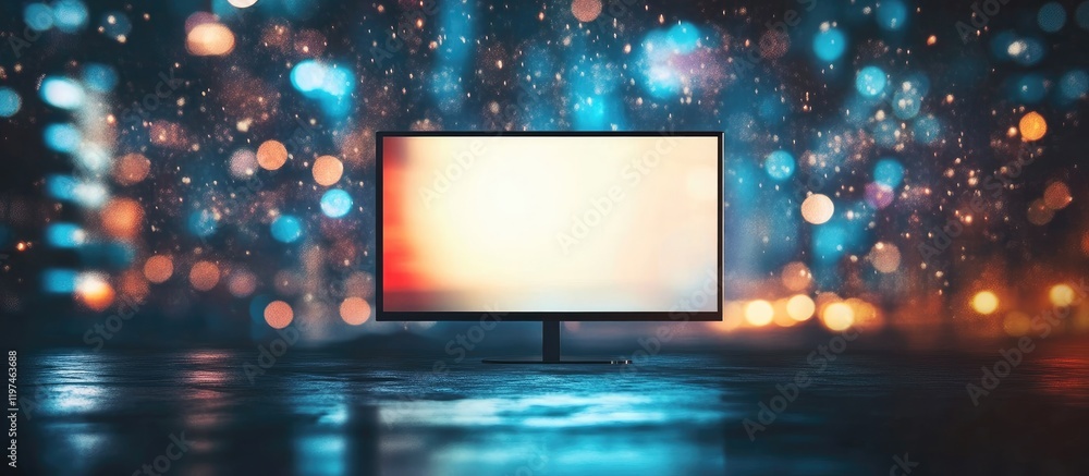 Poster colorful digital screen with empty copy space for text surrounded by bokeh lights in blue and orange