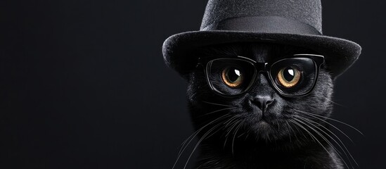 Stylish black cat wearing a gray hat and glasses against a dark background with ample blank space for customizable text or graphics.