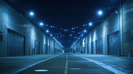 Dimly Lit Warehouse Aisle with String Lights at Night