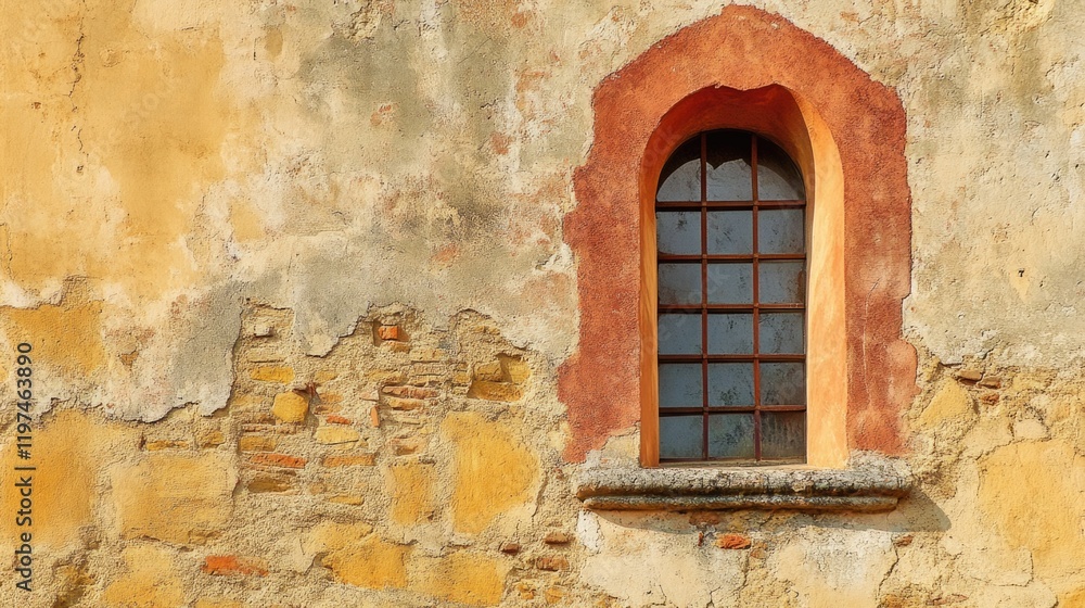 Aufkleber ancient weathered wall with rustic window and peeling paint in warm colors featuring copy space for 