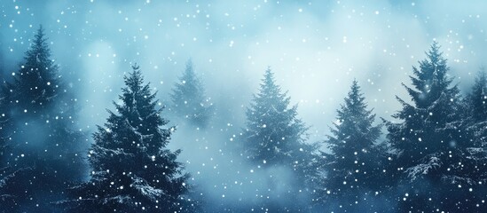 Snowy winter forest scene with snow-covered evergreen trees, soft blue tones, and hazy atmosphere appropriate for text overlay.