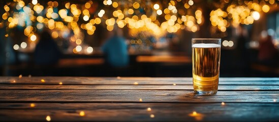 Brandy glass on rustic wooden bar table with warm golden festive restaurant background featuring soft lights and blurred patrons creating an inviting atmosphere