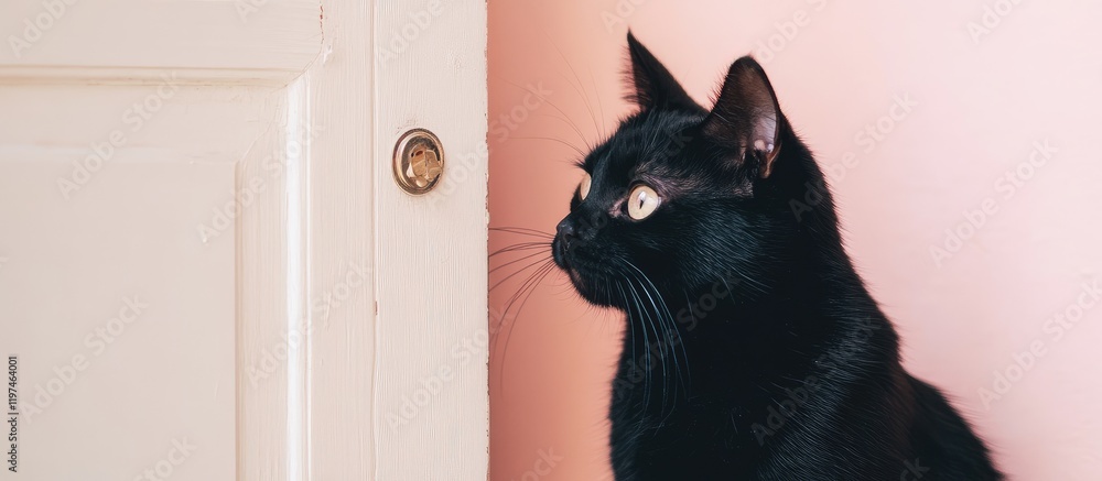 Poster black cat scratching cream door for attention with pink wall background and empty space for text in 
