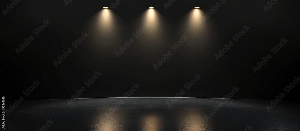 Poster dark background with empty copyspace illuminated by three warm spotlights reflecting on a smooth sur