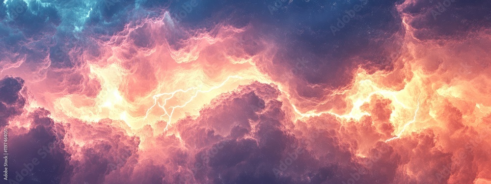 Poster colorful abstract cosmic sky background with clouds and electric lightning effects and copy space fo
