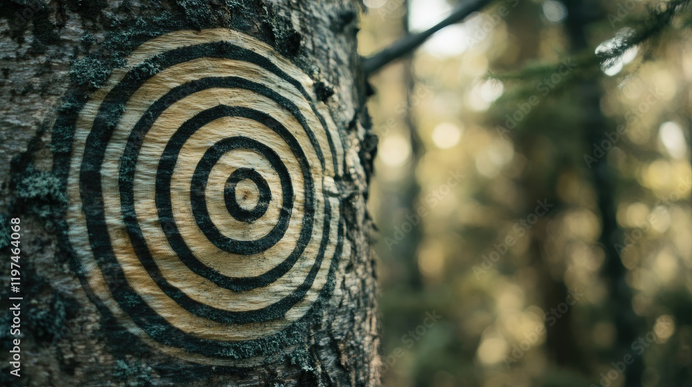 Poster wooden target pattern carved into a tree trunk, surrounded by a natural forest background with soft 