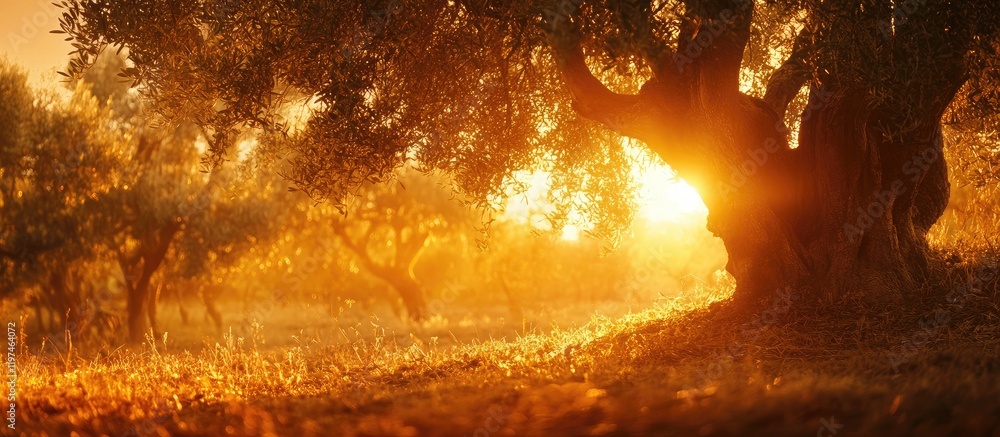 Poster golden sunset behind ancient olive trees with empty space for text in foreground
