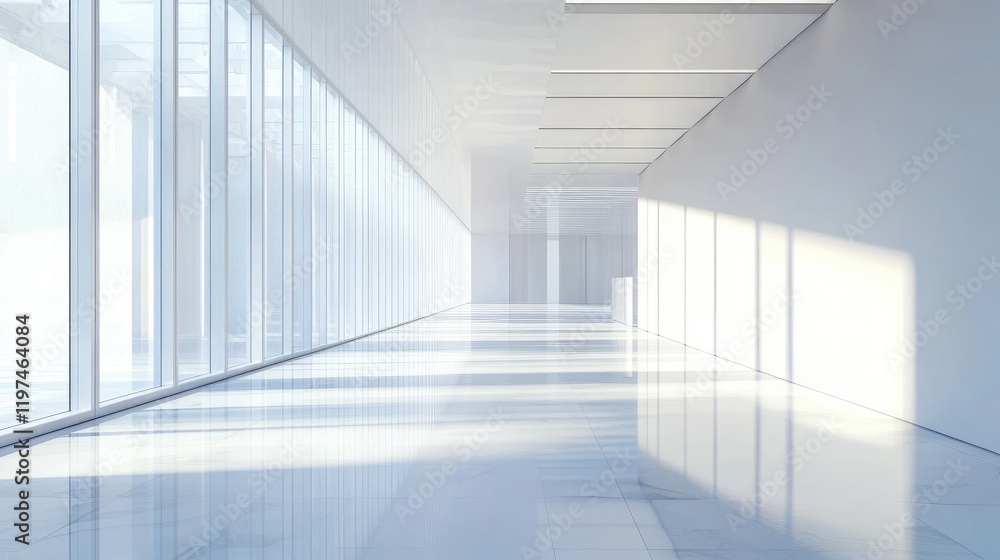 Poster modern minimalist interior space with large windows reflecting light on polished floor and ample cop