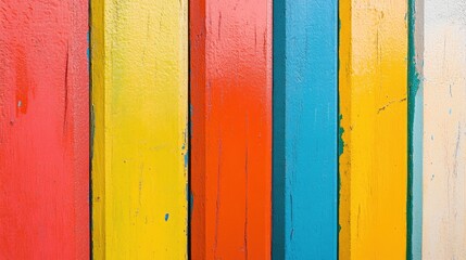 Vibrant wooden plank background with vertical stripes in red, yellow, orange, blue, and white, featuring a painted and weathered texture.