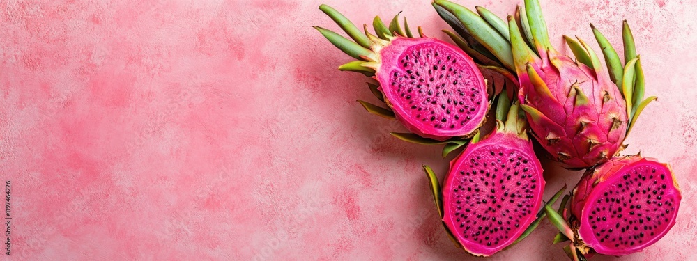 Poster sliced dragon fruit on textured pink background with copy space for text placement