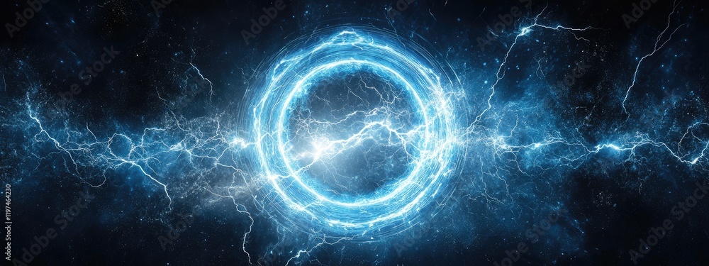 Poster electric blue abstract background with glowing circular frame and dynamic lightning effects, ideal f