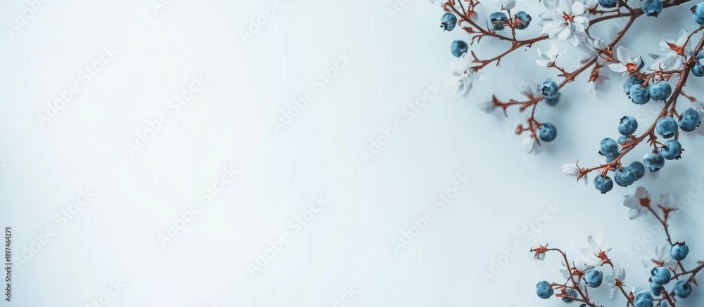 Poster ripe blueberries on a branch against a soft blue background with empty space for text showcasing nat
