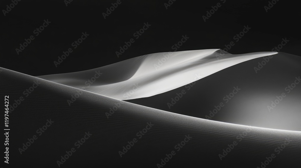 Poster abstract landscape of smooth white sand dunes under soft light with shadows and highlights, featurin