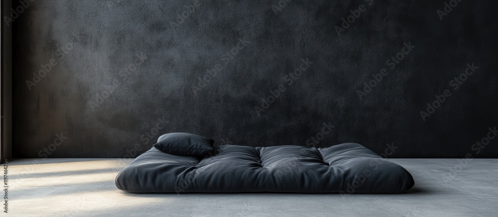 Poster modern black futon with fabric cushion resting on a concrete floor against a dark textured wall feat