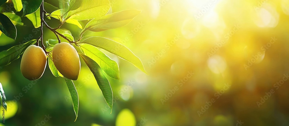Poster ripe mangoes hanging from lush green branch illuminated by warm sunlight with soft glowing backgroun