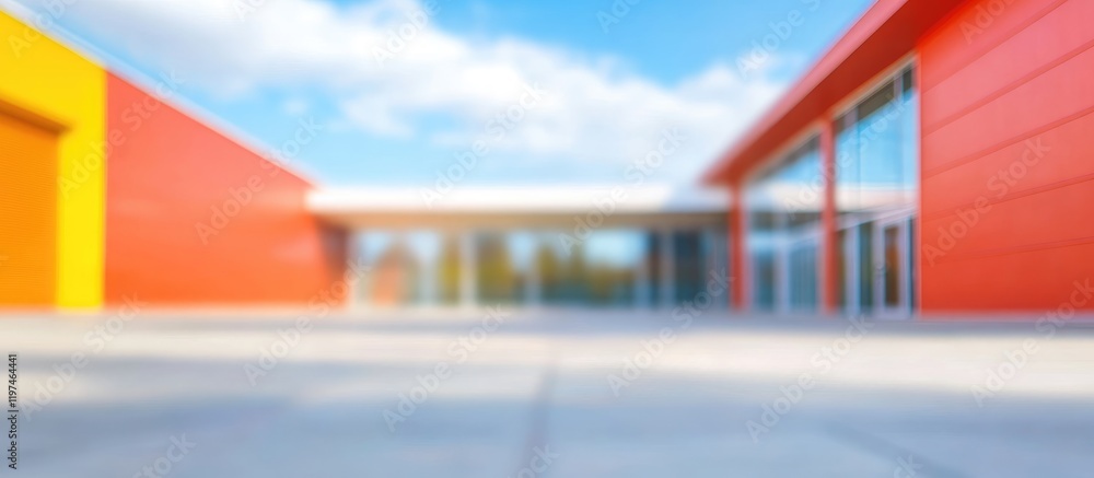 Poster blurred modern architecture with vibrant red and yellow facades under a clear blue sky creating a co