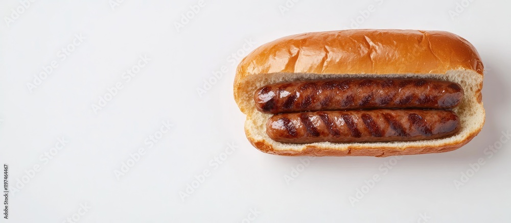 Poster grilled bratwurst sausage in a golden bun on a clean white surface with ample copy space for culinar