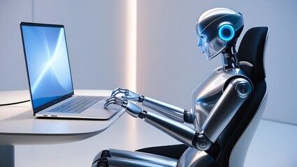 Naklejka premium Futuristic Robot Working on Laptop in High-Tech Office Environment