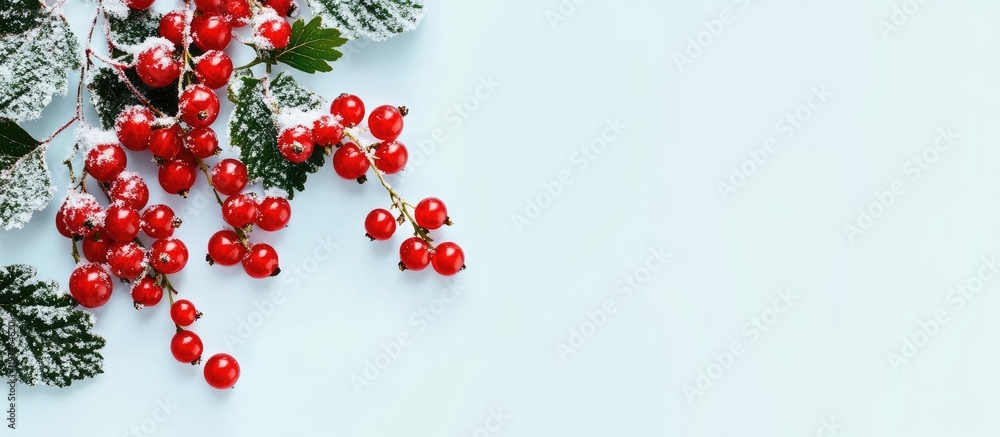 Poster red viburnum branch adorned with snow on a soft blue background, ripe currant berries creating a ser