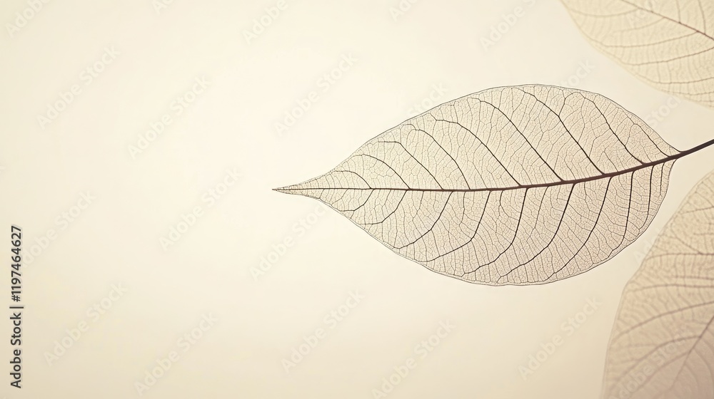 Poster delicate skeleton leaves on a soft beige background with ample copy space for text placement.