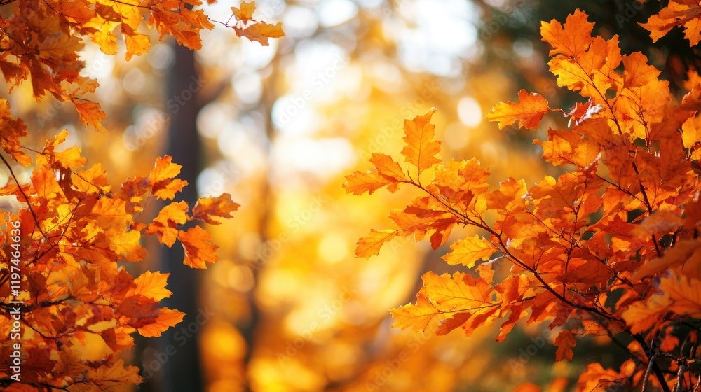 Poster autumn foliage with vibrant orange leaves illuminated by soft sunlight in a blurred forest backgroun