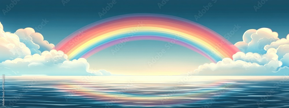 Poster vibrant rainbow arching over calm ocean waters with reflection and soft clouds in a clear sky copy s