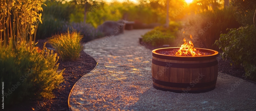 Poster barrel fire pit glowing warmly beside a stone path in evening twilight with lush greenery and empty 